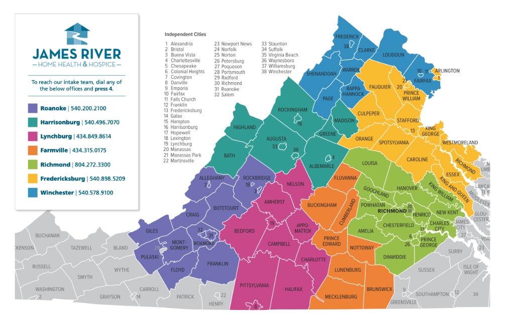 A color-coded map of Virginia showing the service areas and contact information for James River Home Health & Hospice across seven regional hubs.